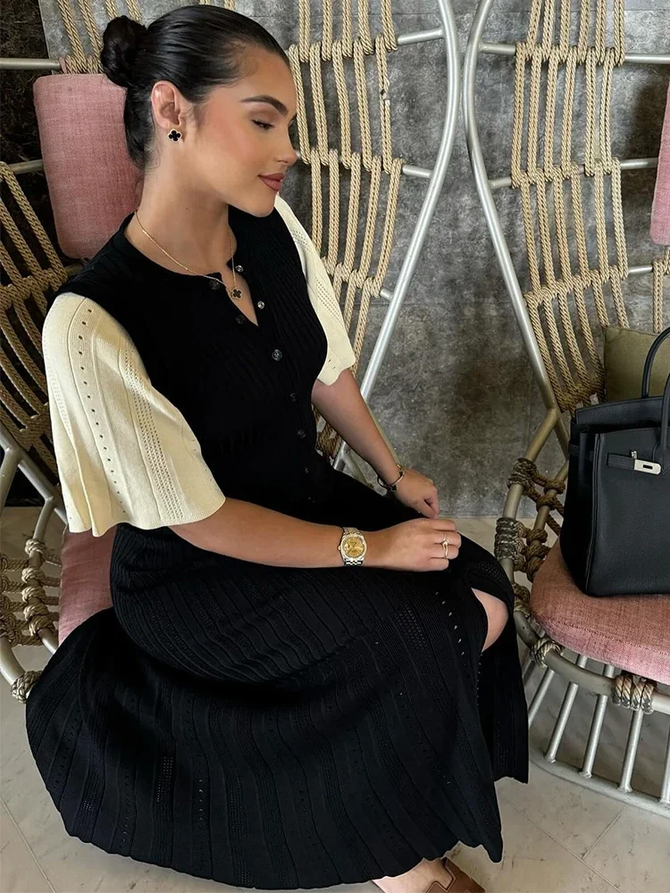 Women’s Short Sleeve Summer Dress 2024 Single-breasted Knit Cardigan Dress Elegant V-neck Long Dresses Women Clothing