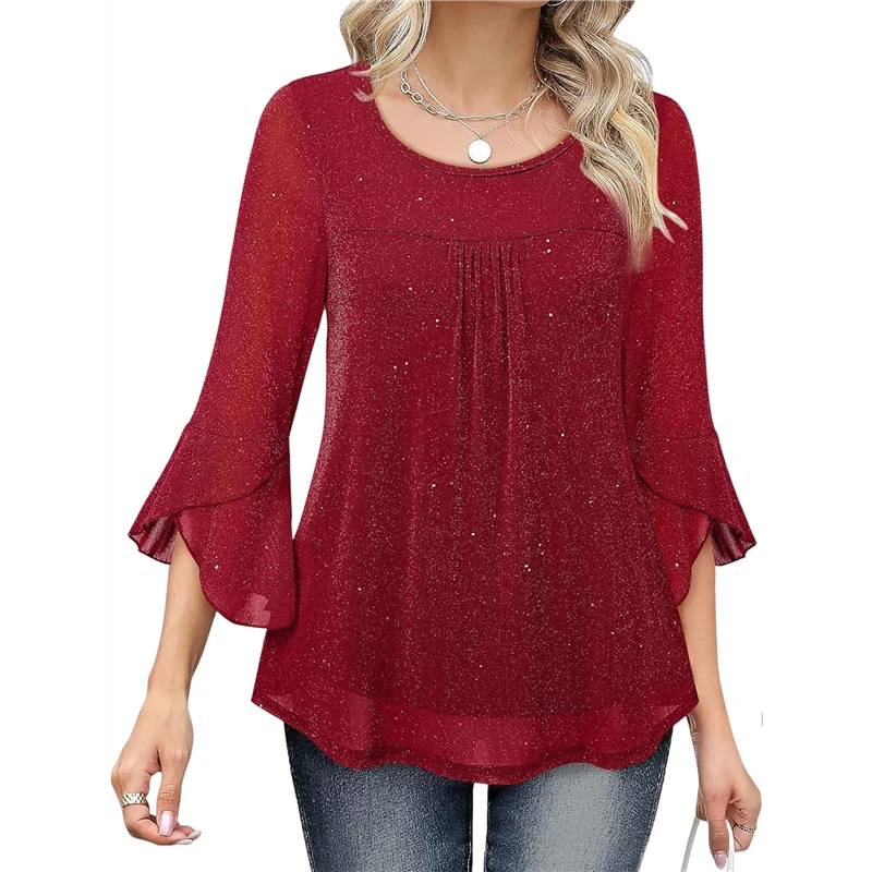 ASDS-dames ruches 3/4 mouw elegante chic blouses ronde hals dubbele lagen mesh tuniek tops