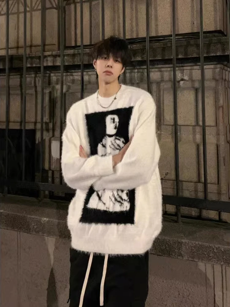 

Soft White Camere Sweater Men's Autumn Winter Lazy American Retro Street Trend Couple's Knitted Coat Loose Fit Casual Sle