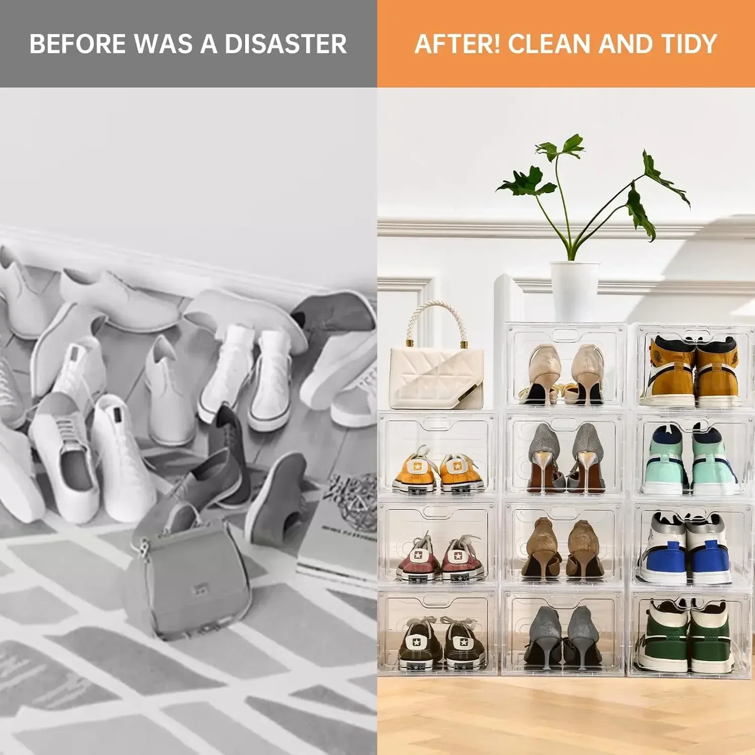 Home.12 Pack Shoe Storage Boxes, Stackable Clear Boxes With Doors, Organizer Containers For Sneakers - Fit US Men's/Women's Siz