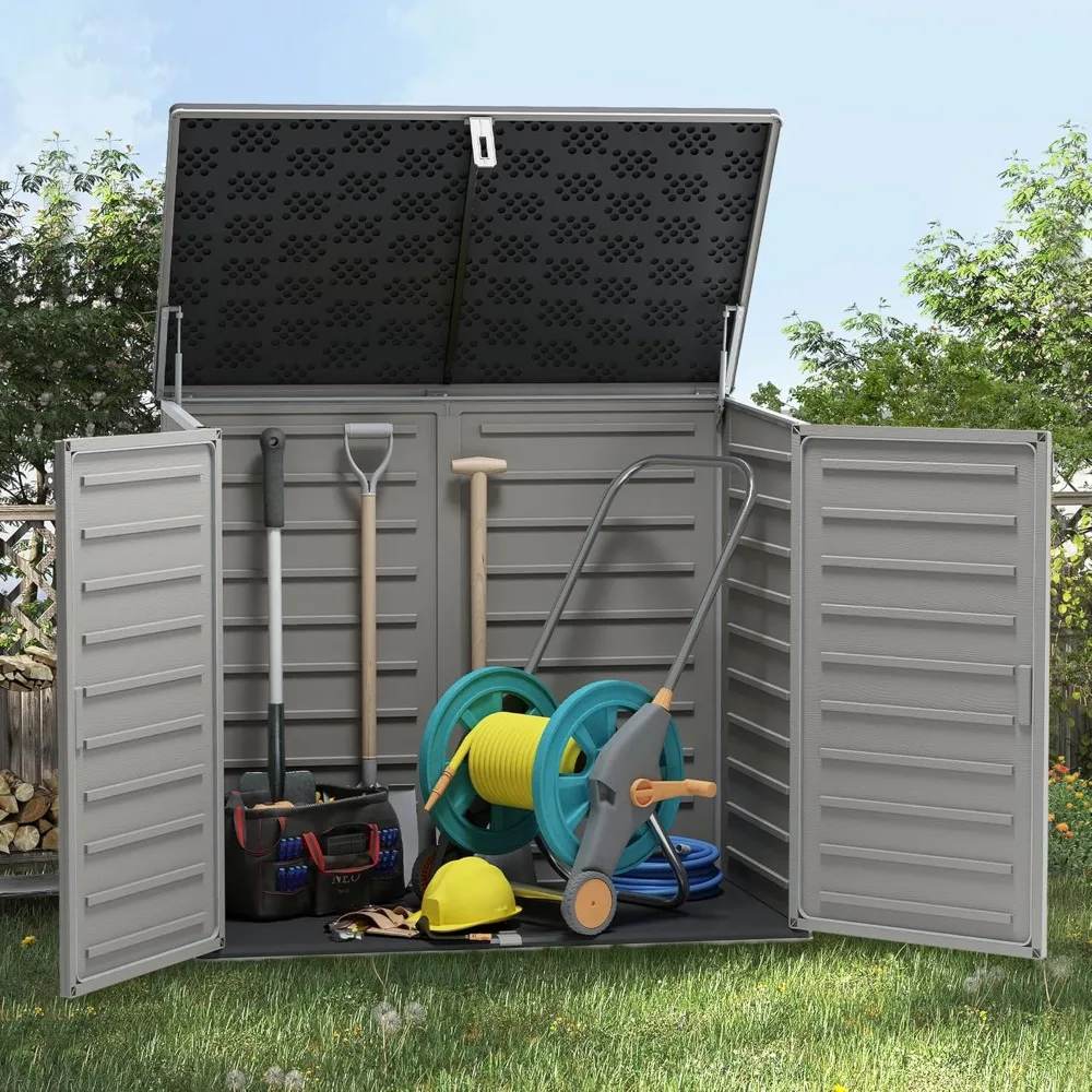 4.6 ft x 4.1 ft Resin Outdoor Storage Shed, 49.5 Cu Ft Extra Large Horizontal Tool Sheds, Multi-Purpose Storage Cabinet for Tras