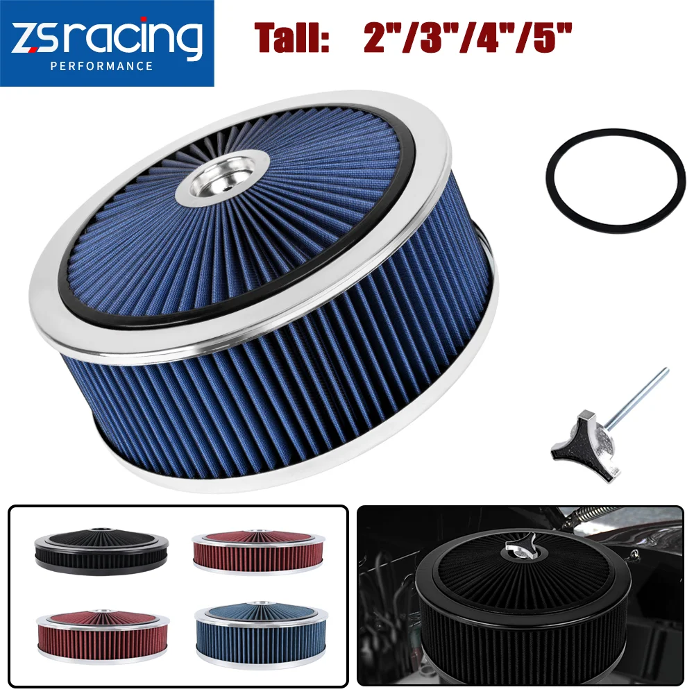 

ZSRA-14" x2"/ 3"/4"/5" High Flow Air Cleaner Set Chrome Round Super Flow Thru Air Cleaner Filter For 5-1/8 Carb Neck OFI149