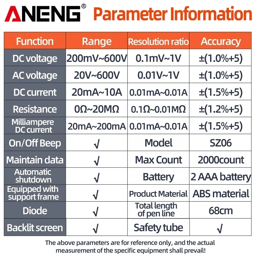 ANENG SZ06 2000 Count inteligentny multimetr cyfrowy miernik napięcia AC/DC prąd stały Tester Ohm narzędzia elektryczne urządzenie pomiarowe