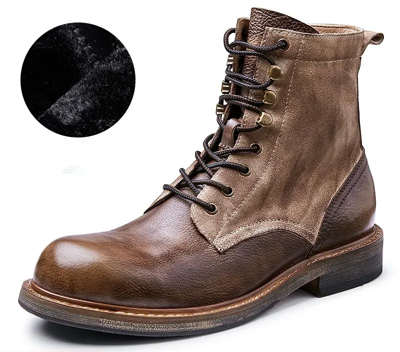 Luxury Brand Men Boots Genuine Leather Short Motorcycle Boots Brown High Top Handmade Warm Men Winter Fashion Retro Shoes