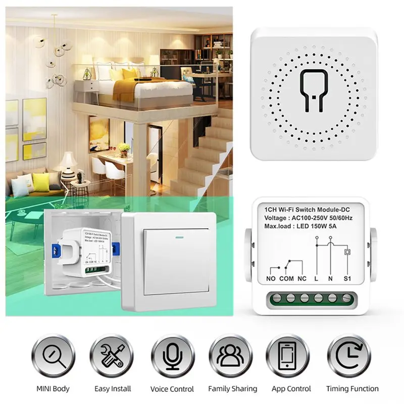 AT51-2X 1CH Dry Contact Wifi Relay Switch Module AC 100-240V Tuya Smart Life App Activated Dry Contact Switch