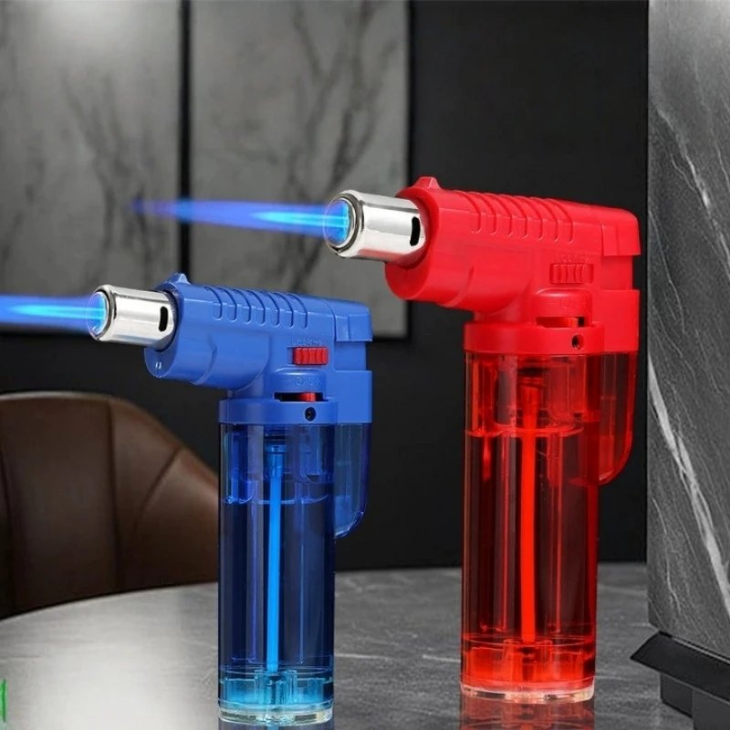 

New Windproof Large Capacity Direct Spray Flame Lighter Transparent Chamber Butane Gas Inflatable Lockable Home Lighter