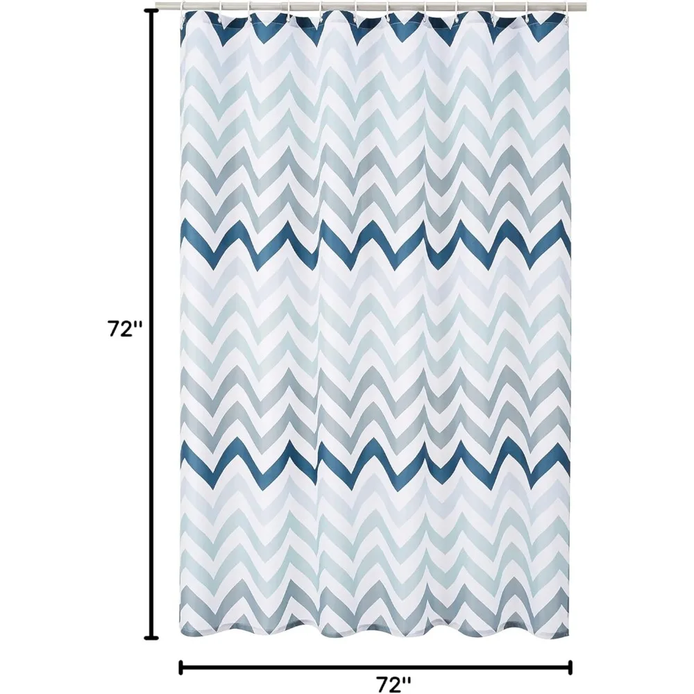 Water Resistant Fabric Shower Curtain with Grommets and Hooks, Machine Washable, Blue Ombre Chevron, 72''x72''