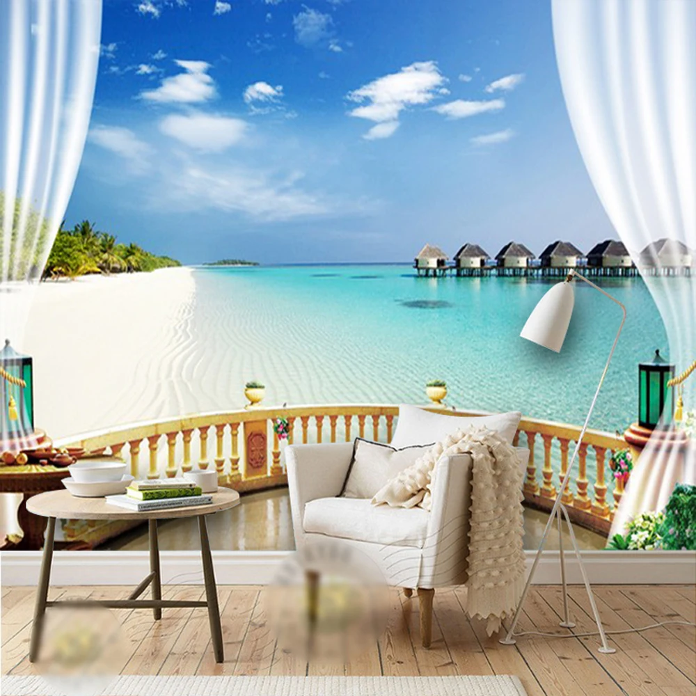 3D sea view TV background wall wallpaper simple modern sea beach coconut trees Mediterranean scenery wall cloth mural