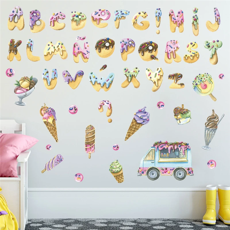 Cute Ice Cream Desserts Letters Wall Stickers For Home Decor Cartoon Alphabet Mural Art Kids Bedroom Decals Nursery Posters