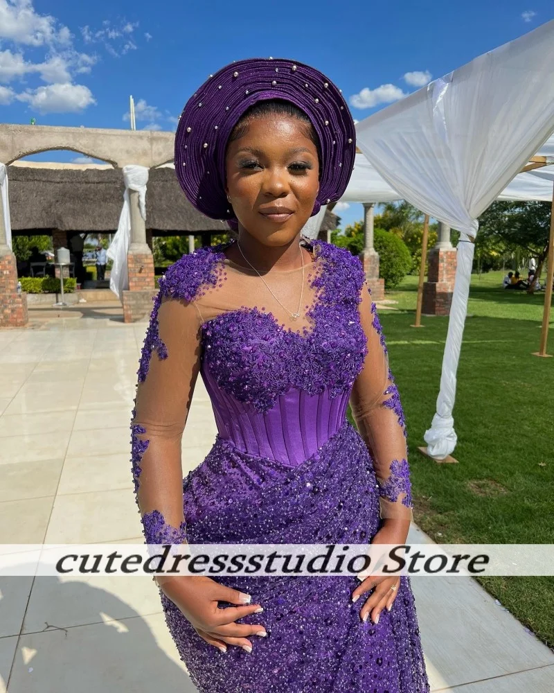 Robe de soirée de forme sirène, violet foncé, avec des appliques de perles, personnalisée, col transparent, longue, robe de soirée de mariage, robe de bal pour femmes