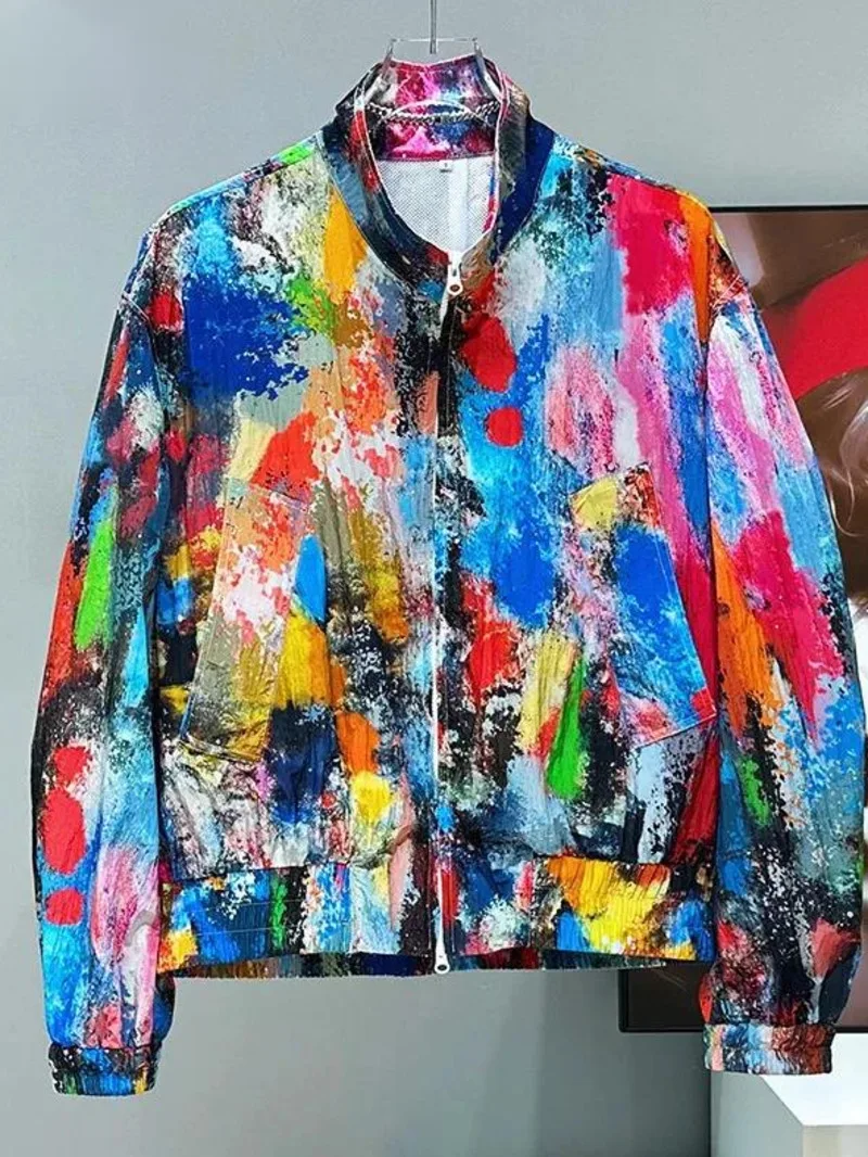 Colorful Men's Coat Summer New Graffiti Craft Thin Breathable Sun Protection Loose Jacket Zipper Long Sleeve Tops ZS36