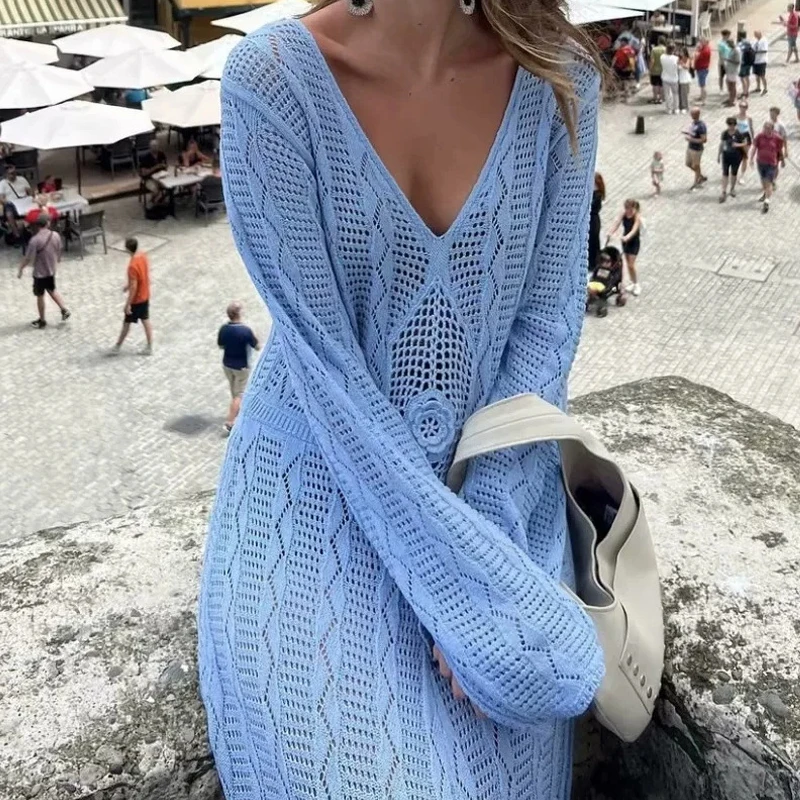 

Spring New Knitted Hollow Out Beach Cover-up Dress Elegant Flare Sleeve V Neck Long Dresses New Women Solid Color Bikini Dresses