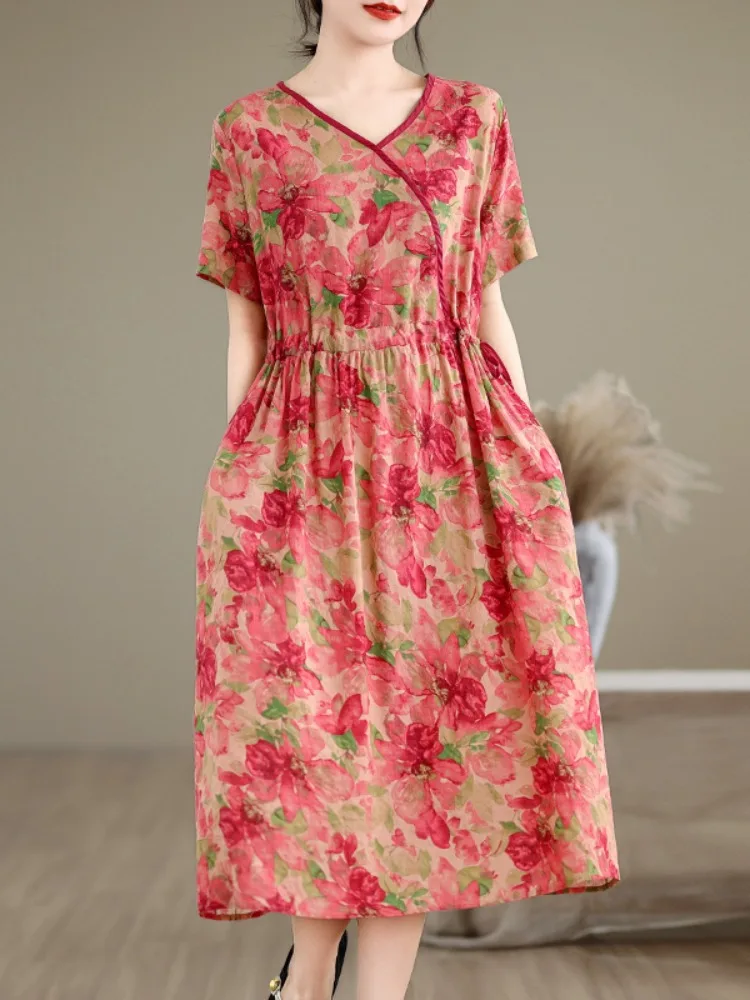 Sommer Baumwolle Leinen ort Sve Dr Damen Künstlerischer Retro-Druck Kleine Größe Taille Cinching Dstring Schlankheits-Midirock