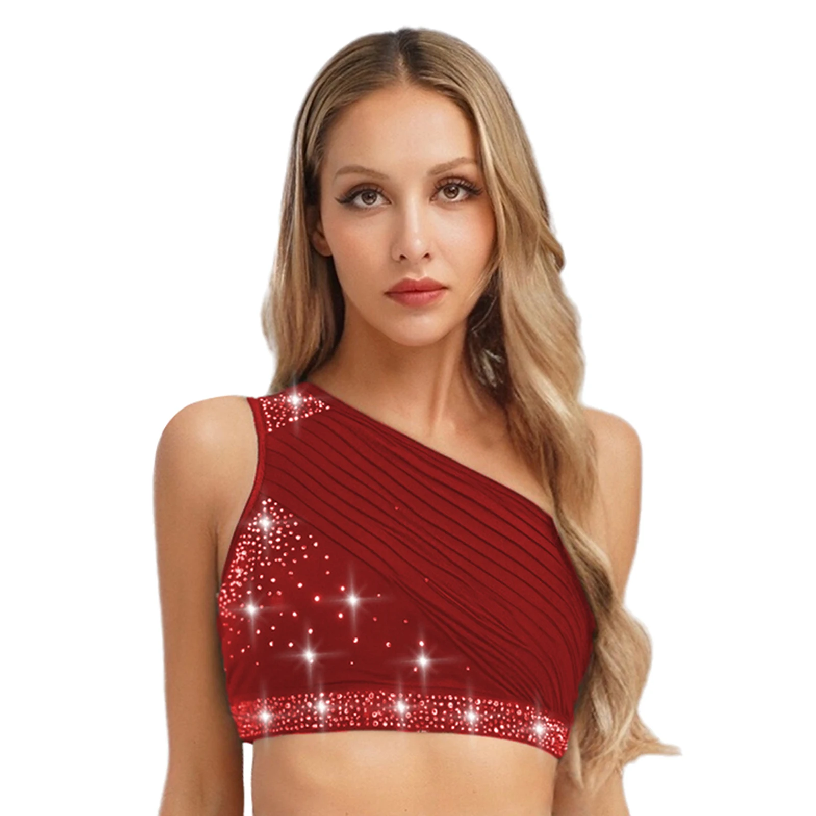 Womens Latin Cha-cha Figure Skating Dance Outfit One Shoulder Rhinestone Ruched Tank Crop Top+Tassel Shorts Modern Dancewear