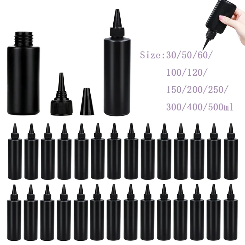 20 piezas botellas vacías de plástico negro para apretar, 30ml-500ml, con tapa de punta larga, botella de pegamento, contenedores rellenables para pintura de tinta de resina