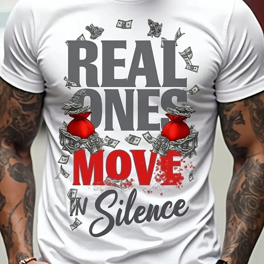 

【New Arrival】"Real Ones Move In Silence" Graphic T-Shirt Hustle Money Themed Streetwear Casual Short Sleeve White Crewneck Tops