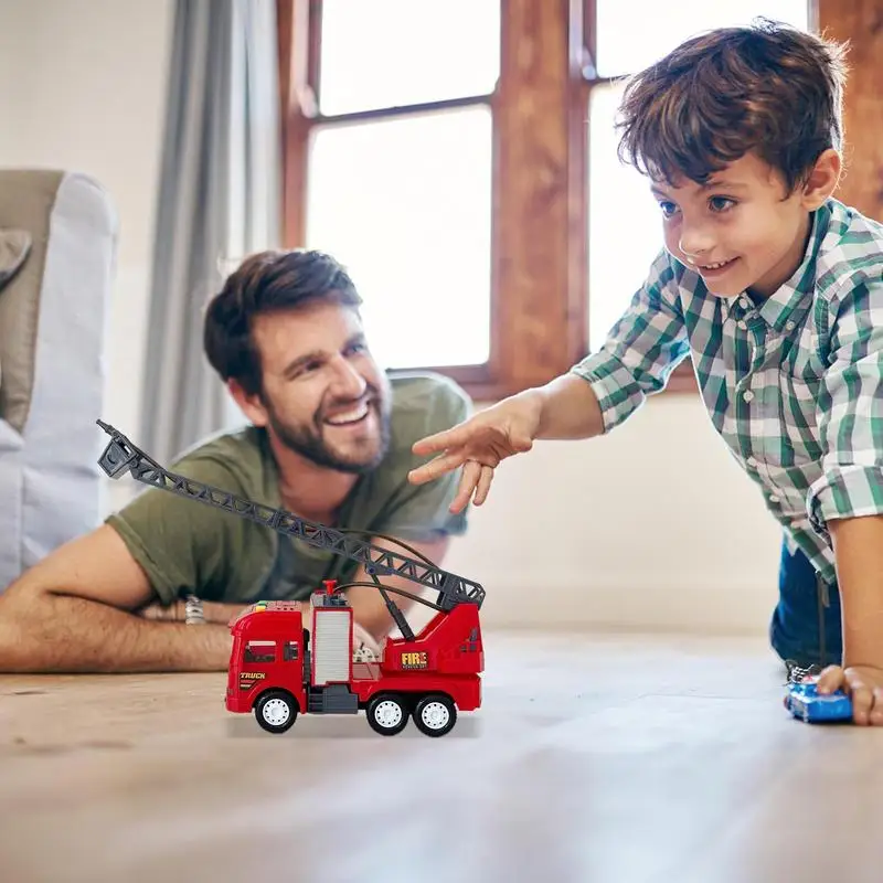 Caminhão de bombeiros para crianças, caminhões de bombeiros, bomba de água de trabalho, motor de caminhão de bombeiros vermelho com luzes de escada, sirenas realistas para meninos e meninas