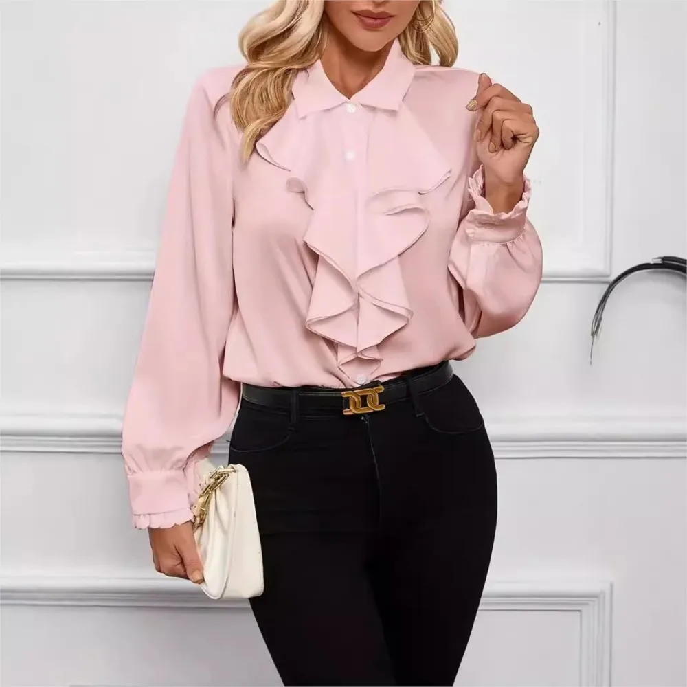 Spring Autumn Fashion White Ruffled Elegant Blouse Top Women New Long Sleeve Lapel Woman Shirt Solid Office Ladies Loose Tops