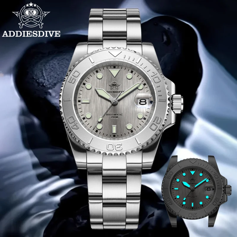 Addiesdive 41mm branco cinza dial nh35 automático 200m mergulho relógio masculino moldura de cerâmica azul lume vidro safira relógios mecânicos
