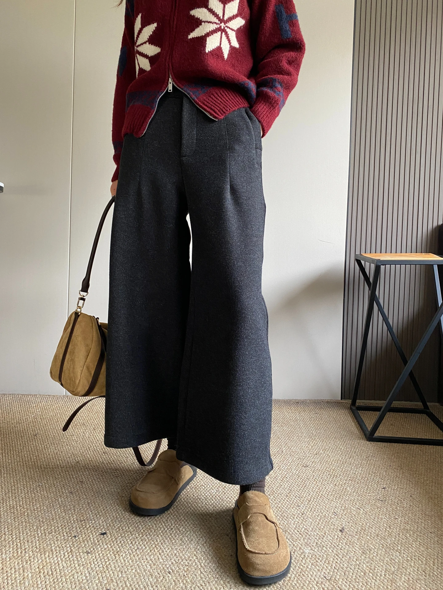 

Шерстяные широкие брюки женские с высокой талией, свободные, повседневные, укороченные, осенне-зимние, новые, комфортные, мягкие