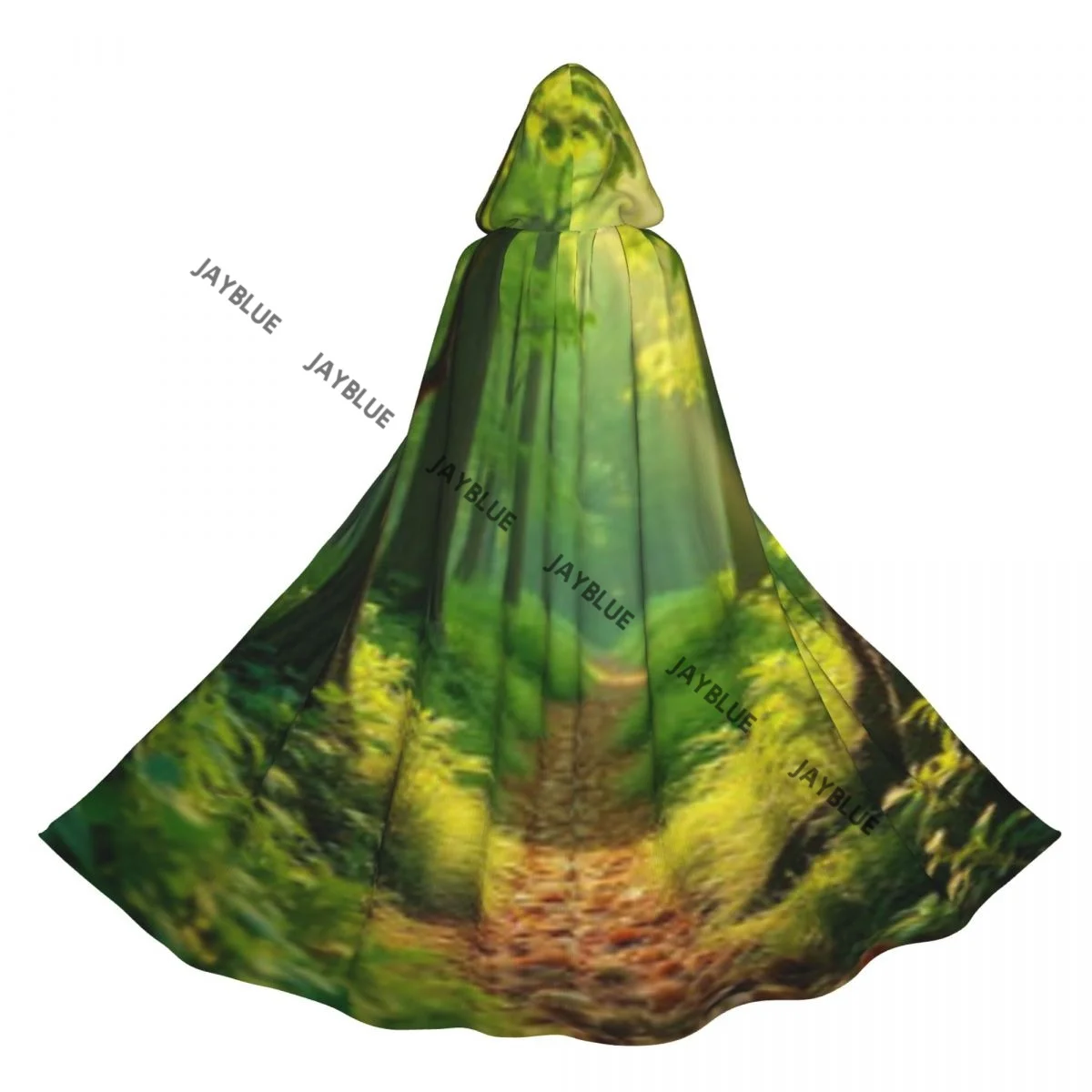 Moedas em árvores no caminho da floresta iluminada ao sol capa com capuz de poliéster unissex capa de bruxa acessório de fantasia