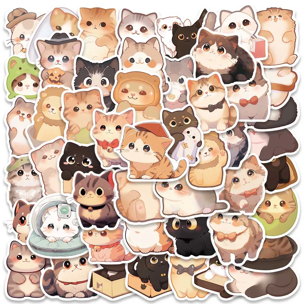 50pcs Cute Cartoon Cats Stickers Kawaii Animal Vinyl Laptop Decals Luggage Phone Guitar Bicycle Car Waterproof Graffiti