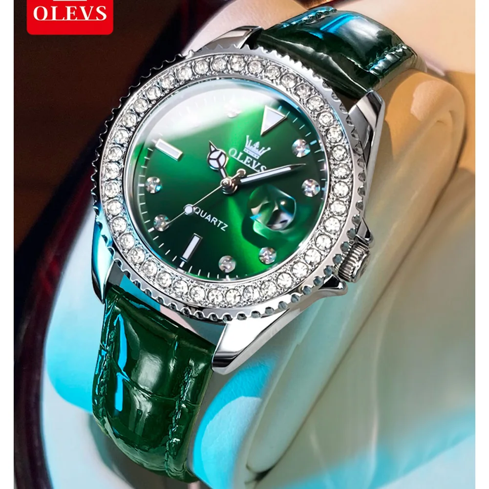 OLEVS 9945 Luxury Ladies\'s Quartz Watch Green Leather Women\'s Watches Waterproof Luminous Calendar Female Clock Relogio Feminino