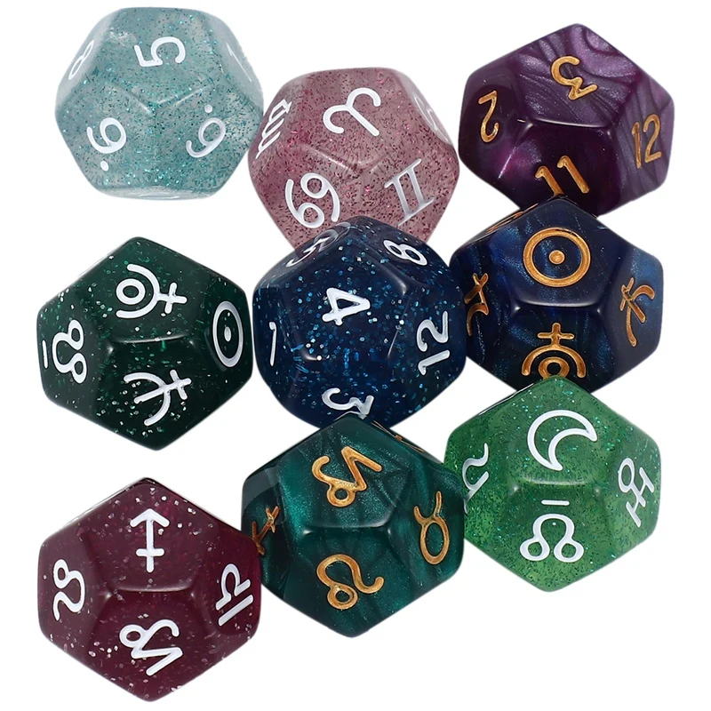 9Pcs Pearl 12-Sided Astrology Zodiac Signs Dice For Constellation Divination Toys Creative Multi Sided Dice Type A