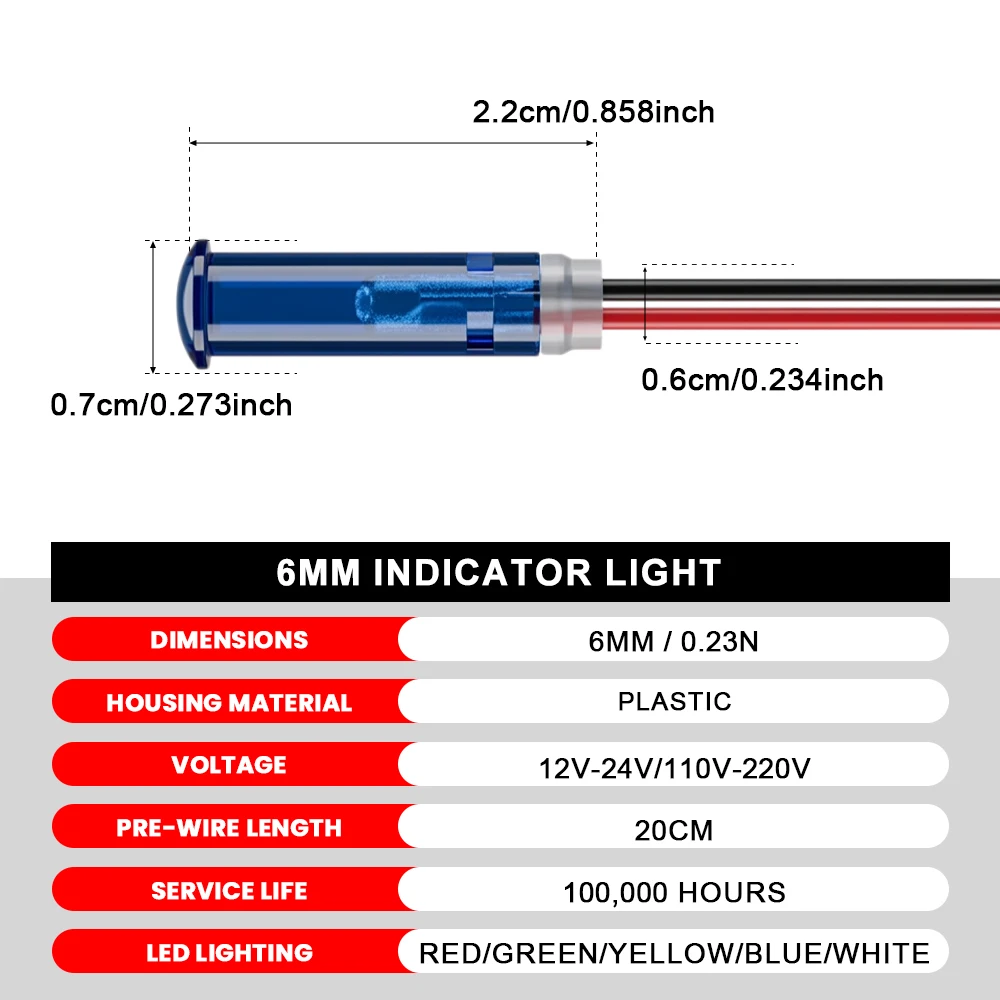 FILN 20PCS 6mm LED Indicator Light IP67 Waterproof Warning Lamp for Car Marine Industrial Equipment Control Box 12-24V/110-220V