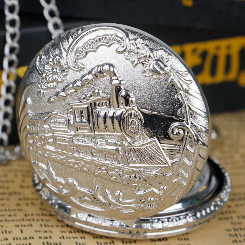 Silver Train Carved Quartz Pocket Watch Men Women Watch Fashion Necklace Pendant Hot Selling Commodity