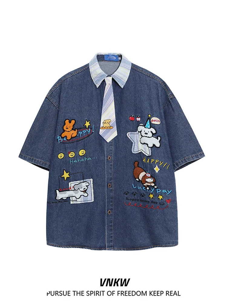 

American Style Cartoon Embroidery Loose Fit Short Sleeve Shirt Cotton Denim Unisex Spring Summer Casual Lazy Style Tie