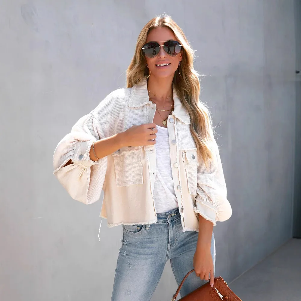 Femmes gaufre Parkas manteaux Patchwork vestes manches longues simple boutonnage bouton droit bureau dame décontracté 2025 automne hiver