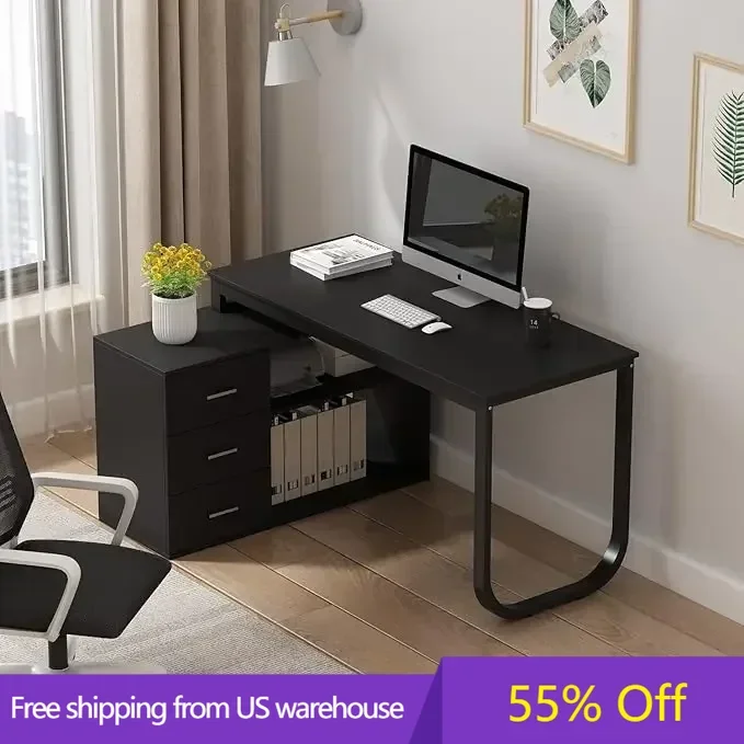 Home Computer Desk Corner Desk with 3 Drawers and 2 Shelves, 55 Inch Large L-Shaped Study Writing Table with Storage Cabinet