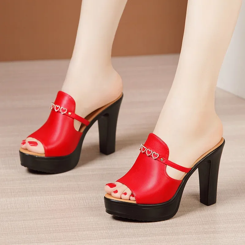 10cm Small Size 32-43 Block High Heels Shoes Heart Pleated Leather Platform Shoes 2025 Summer Womens Slides for Office Model