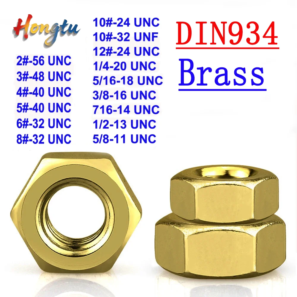 

Hongtu DIN934 GB6170 Standard Brass Hex Nuts - 2# 3# 4# 5# 6# 8# 10# 12# Sizes, 1/4-20~3/4 UNC/UNF Thread