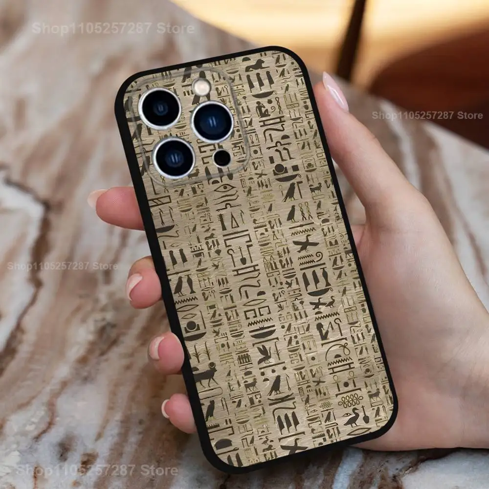 حافظة هيروغليفية فن مصر لهاتف آيفون 15,16,12,14,17,13,11,Plus,Pro Max,8,7,XR,SE,XS,X,Mini,Soft Silicone Black