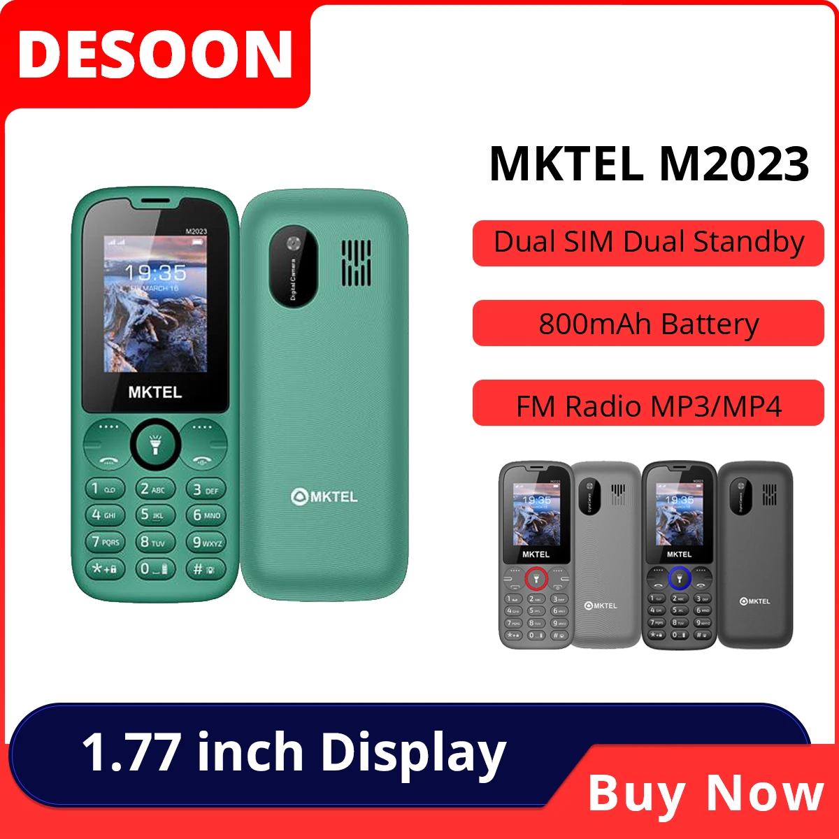 MKTEL M2023 característica teléfono con pantalla de 1,77 pulgadas batería de 800mAh Dual SIM Radio FM linterna 0,08 megáega cámara teléfono para personas mayores