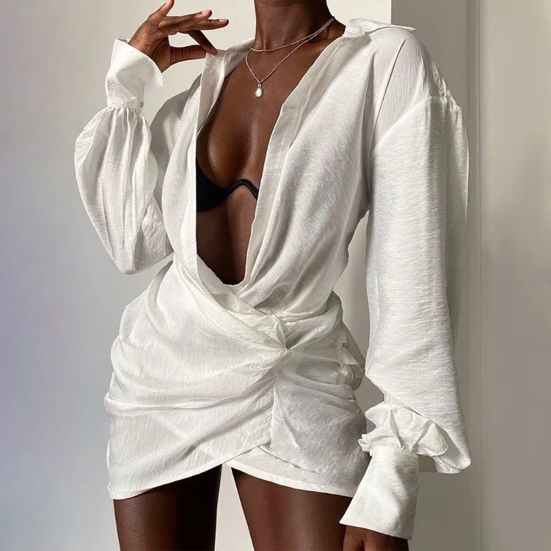 

Women Deep V Neck Shirt Dress Sexy Wrap Ruched Mini Party Dresses Chic New Summer Hip Wrap Dress French Elegant Dress Y2k Платье