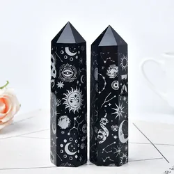 1PC Natural Obsidian Tower Plated With Gold Star Moon Pattern Point Wand Healing Stone Energy Quartz Home Decoration Reiki Gift