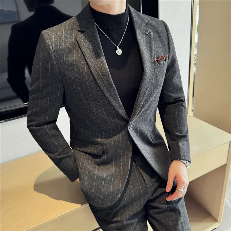 Striped Woolen Casual Suit Jacket Men's Slim Fit Korean Version Autumn Winter Thick Men Blazers Casual Business Dress Coat 2024