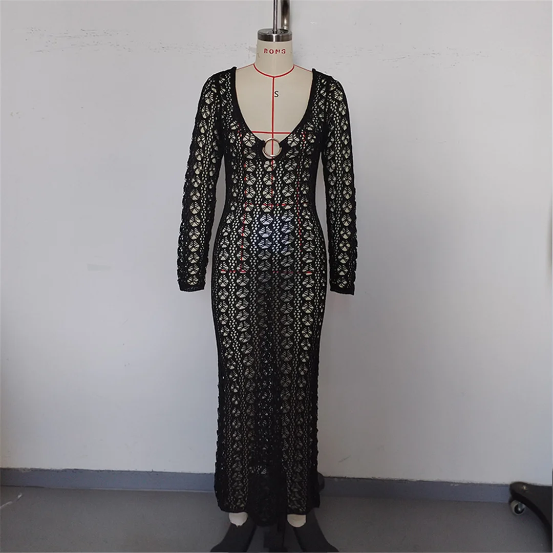 2026 Langarm-Strick-Tunika mit Ausschnitten am Rücken, rückenfreies Strandkleid, Strandmode, Strandbekleidung, Strand-Cover-up, Damen V6551 – Detail 25
