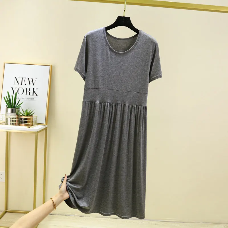 Modal Round-Neck Pleated Short-Sleeved Dress For Women Nightgowns Outside Wear Home Clothes Loose Ladies Sleepwear Nightdress