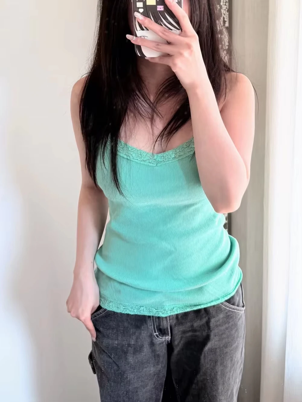 Green Lace Trim Ribbed Slim Tank Top Women New Cute Casual Simple V-neck Cotton Camisole Vintage All-match Basic Vest Y2k Tops