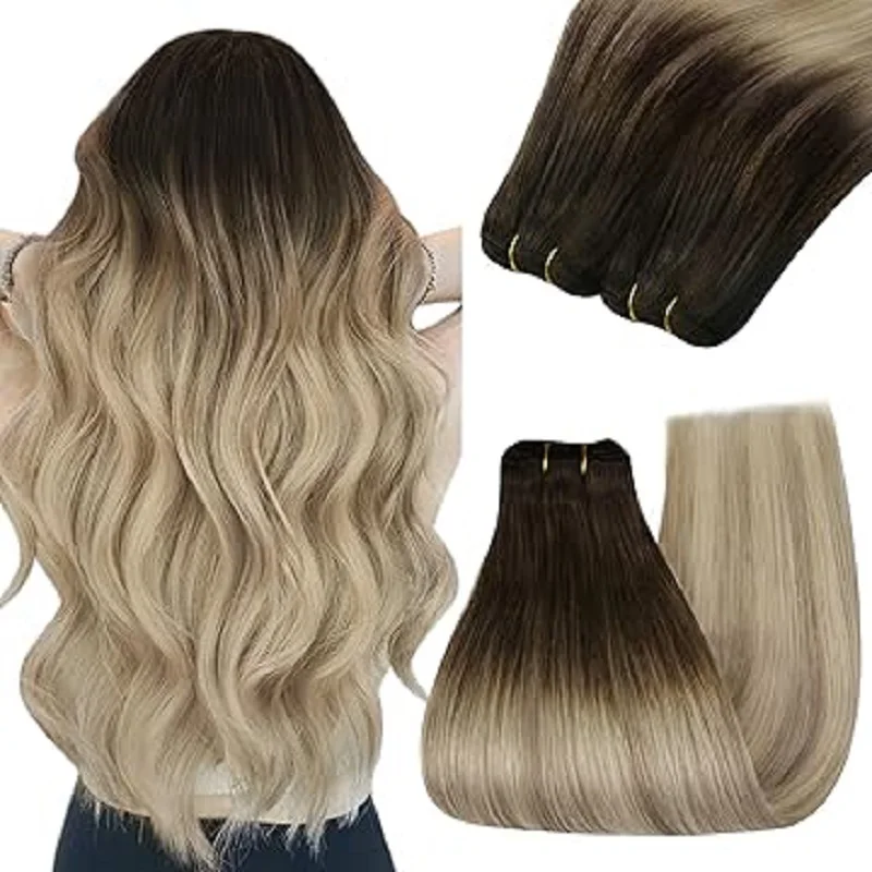 YoungSee Saw in Hair Weft Extensions Real Human Hair Balayage Natural Straight Hair Bundles for Women 14-24inchs 100G/Set