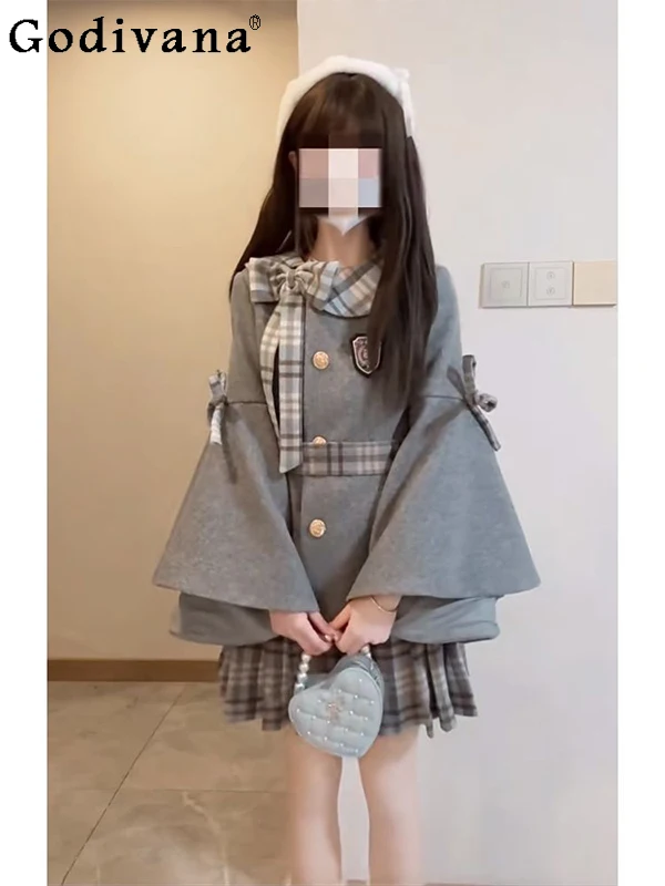 

Sweet Girl Bowknot College Style Lolita Two-Piece Set Autumn Winter Woolen Coat Plaid Flared Sleeve JK Style Outfit