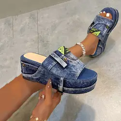 Fashionable Summer Denim Wedge Slide Sandals Women Letter Patch Decor Snap Button Wedge Sandals