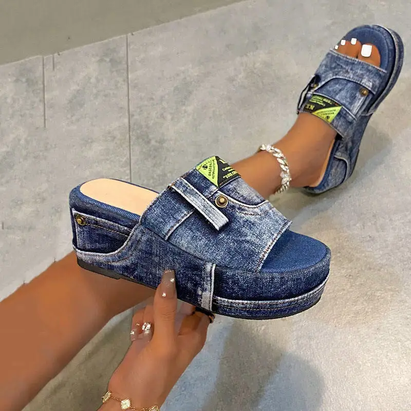 Fashionable Summer Denim Wedge Slide Sandals Women Letter Patch Decor Snap Button Wedge Sandals