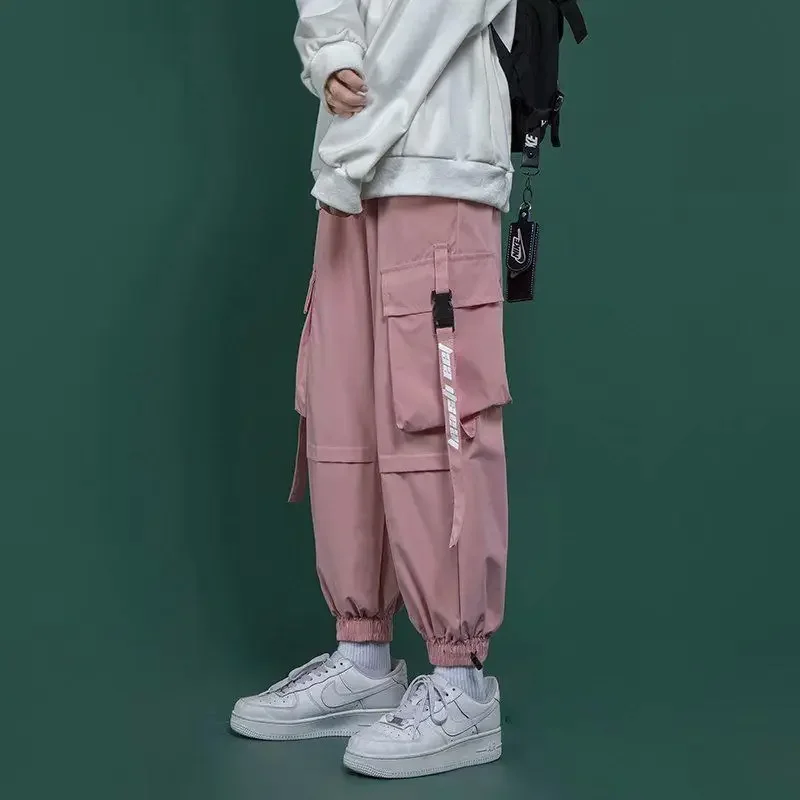 Men\'s Jogger Casual Pants with Streetwear Pink Cargo Pants Multi-pocket Harajuku Black Hip Hop Trousers for Men Large Size S-3XL