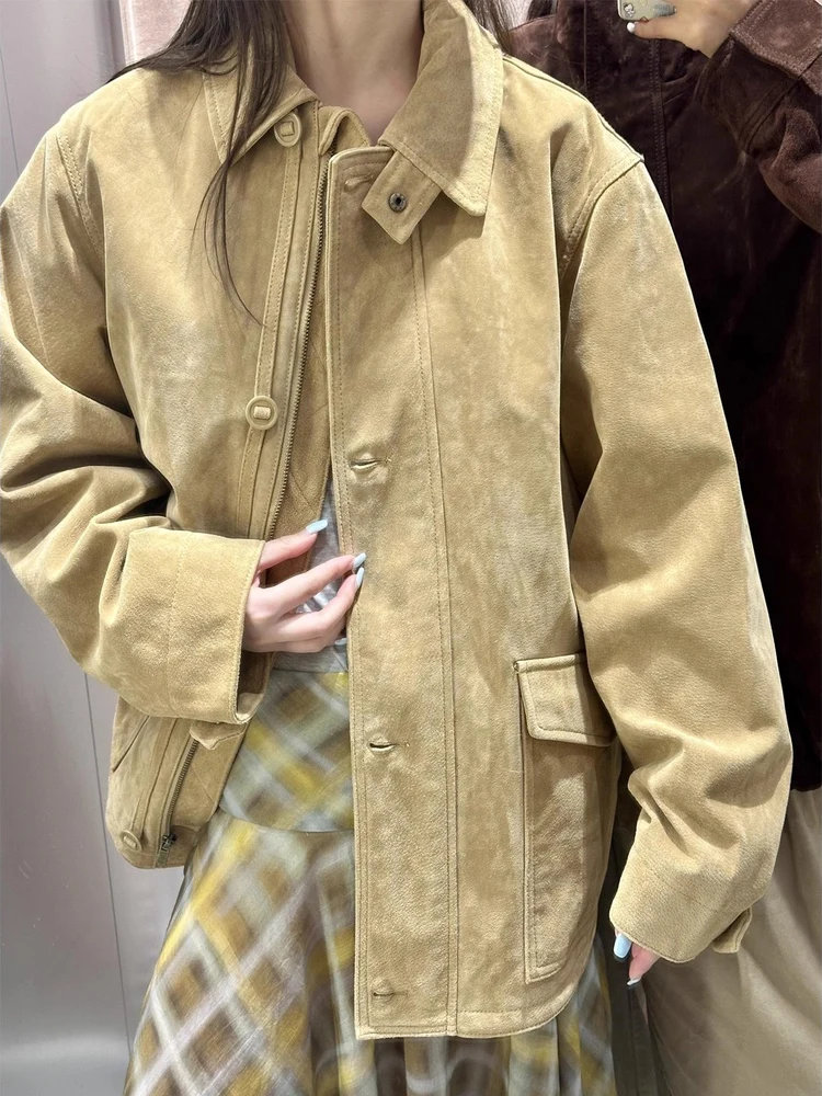 

Loose Fit Faux Leather Jaet Women's Autumn 2025 New Arrival Lazy Sle Coat with kets Velvet Texture Ladies Outerwear