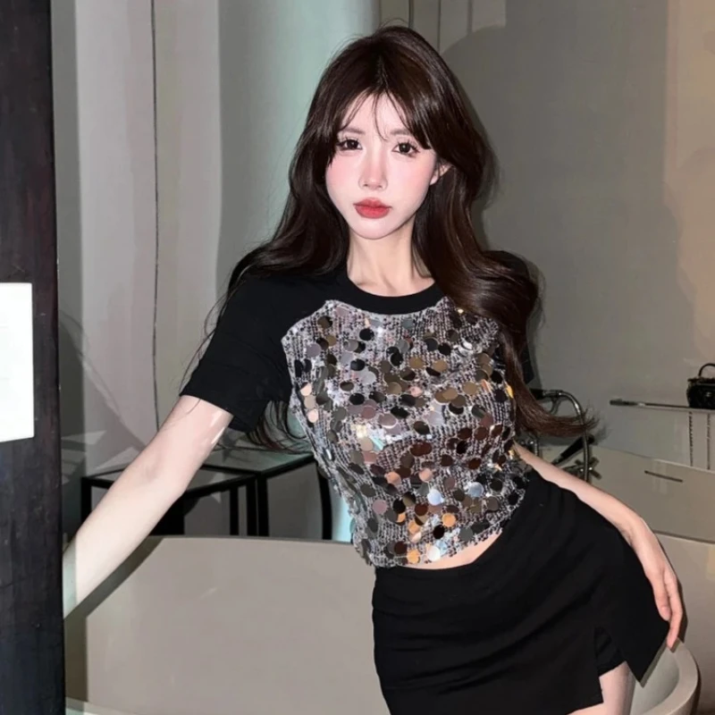 

Sequin Short Sleeve Sexy Women's T-shirt Female Top Trending Clothing Korean Streetwear Harajuku Fashion Popular Clothes Elegant